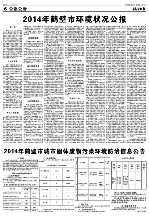 2014年鹤壁市环境状况公报